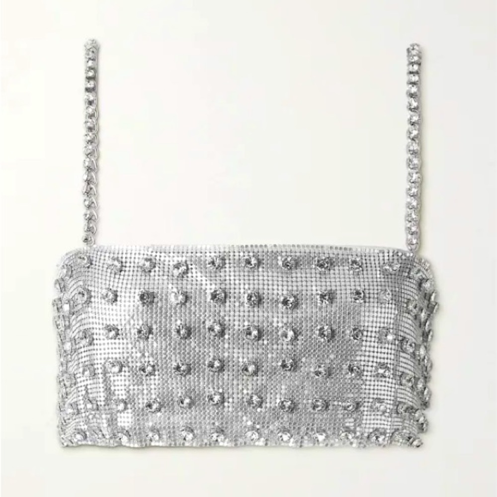 Retrofete Kauren Cropped Halter Top Metal Chain Rhinestone Crystal Silver sz M